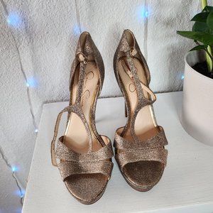 Jessica Simpson Silver and Gold Size 10 Open Toe Ankle Strap Heels